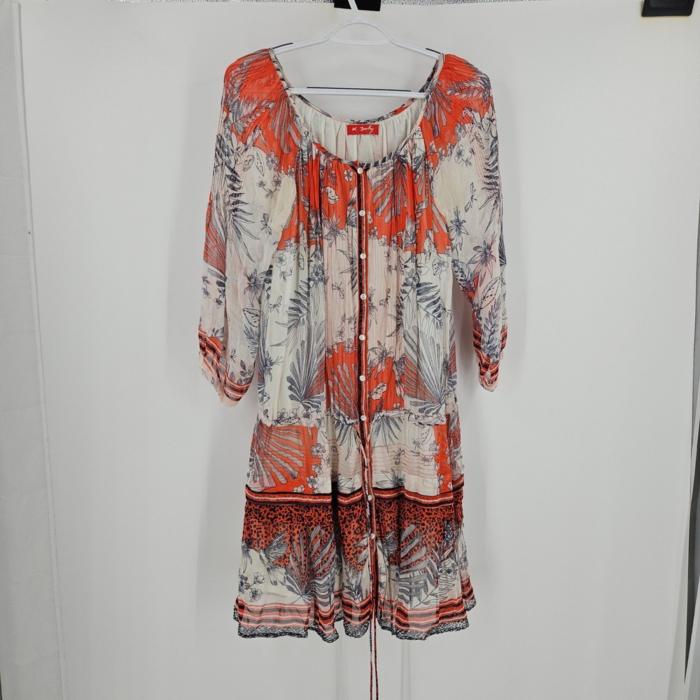 Rene Derhy Egee Tunic Dress Orange Sheer Chiffon Floral Leopard Sequin Beaded L